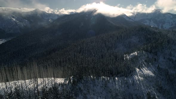 Aerial Time Lapse Panning Mountain Cloud Movement In Winter Snow