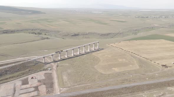 Aerial view of Railroad emergency stop track bridge in Akhalkalaki station, Georgia 2021