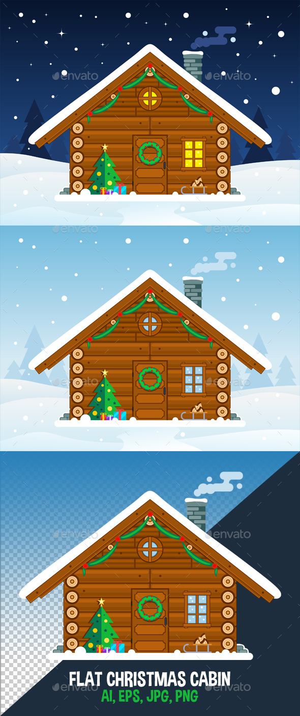 Flat Christmas Cabin Vector Illustration
