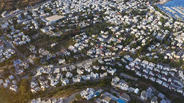 Flying Above White Houses and Bay in Bodrum, Turkey