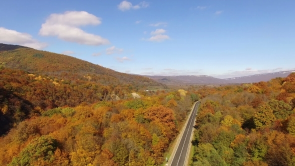 Flying Above Autumn Forest With Mountain Road