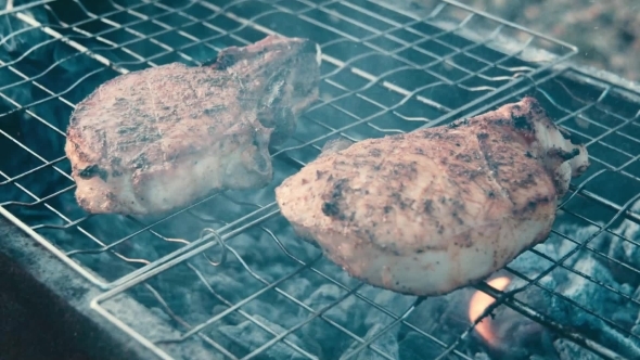Grilled Pork Meat On Barbeque