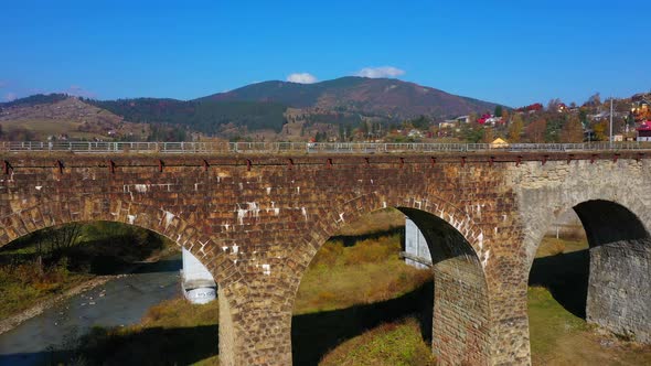 Drone View of Old Bridge Viaduct in Mountain Village Vorokhta Ukraine