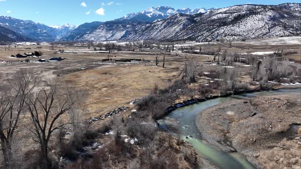 Uncompahgre River Ridgway Colorado Aerial Shot Loooking Towards San Juan Mountain Range