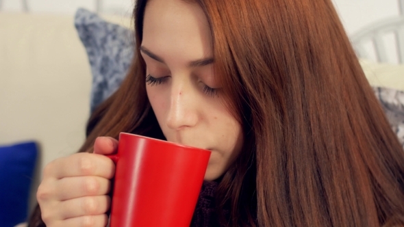 Ill Woman Drinking Hot Tea Suffering From Cold