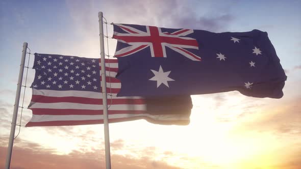 Australia and United States Flag on Flagpole