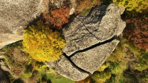 Flying Above Autumn Forest With Mountain 