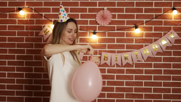 Portrait of Nice Lady Blowing Pink Baloon Festal Event Celebratory Day