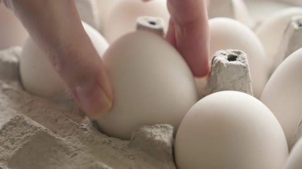 Hand takes  white chicken egg from box 4K footage