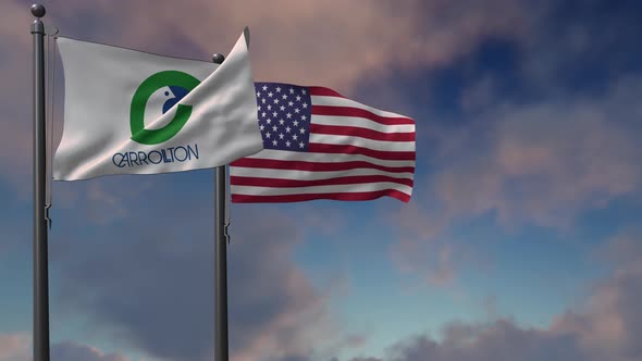 Carrollton City Flag Waving Along With The National Flag Of The USA - 4K