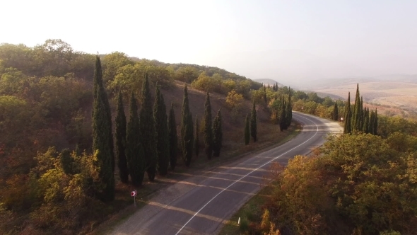 Flying Above Autumn Forest With Mountain Road