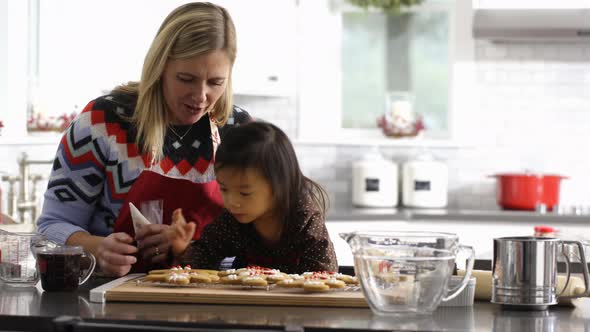 Mother and daughter frosting gingerbread cookies alt