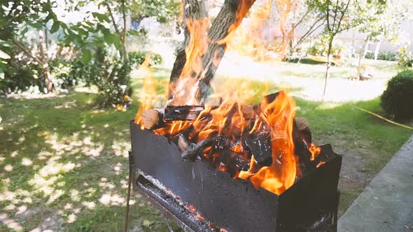 BBQ with Burning Firewood in the Yard