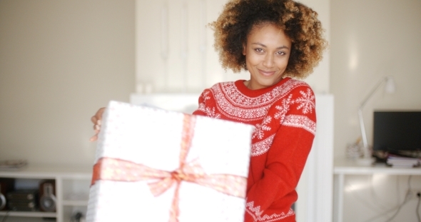 Sexy African American Woman With Christmas Gift