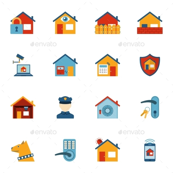 Smart Home Security System Flat Icons Set