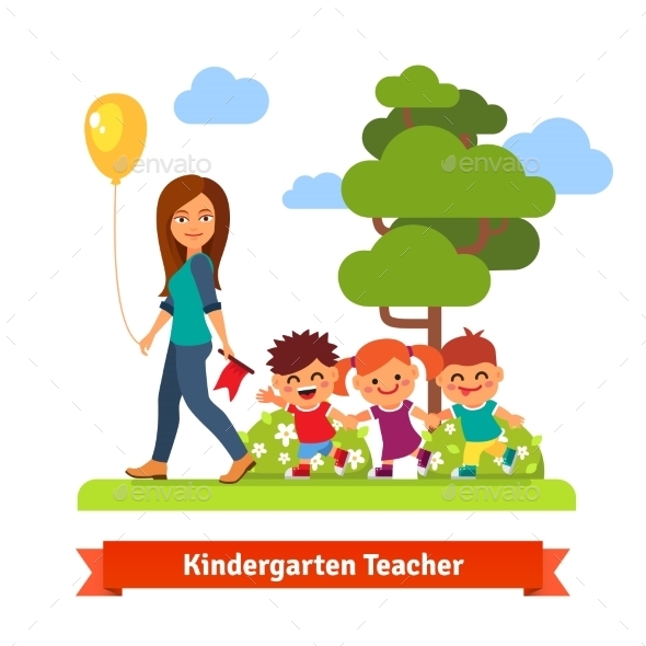 Kindergarden Teacher Walking With Kids