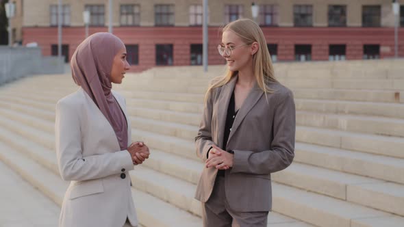 Friendly Female Colleagues Having Good Relationships Conversation Outdoors During Break Young