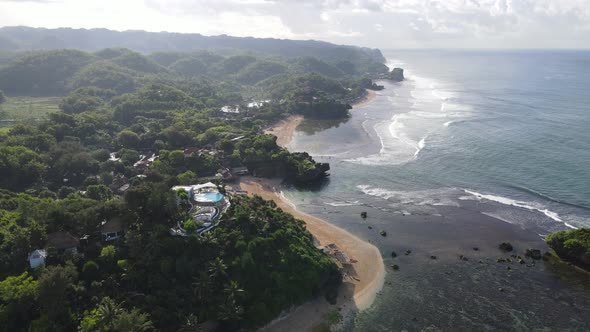 Aerial view of Gunung Kidul Tropical Beach in Indonesia