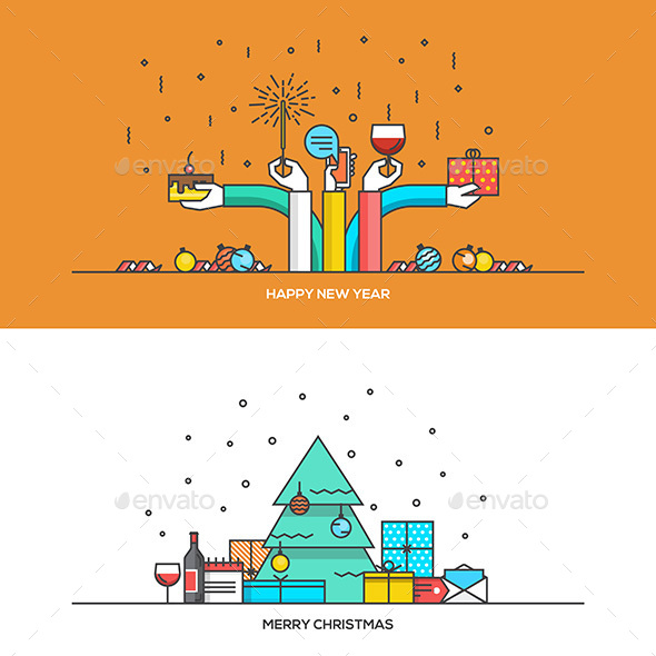 Christmas and New Year Flat Line Design
