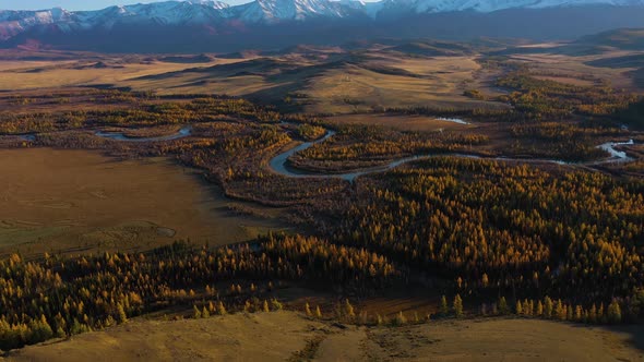 Kurai Steppe, Chuya River and Mountains in Autumn. Altai, Russia