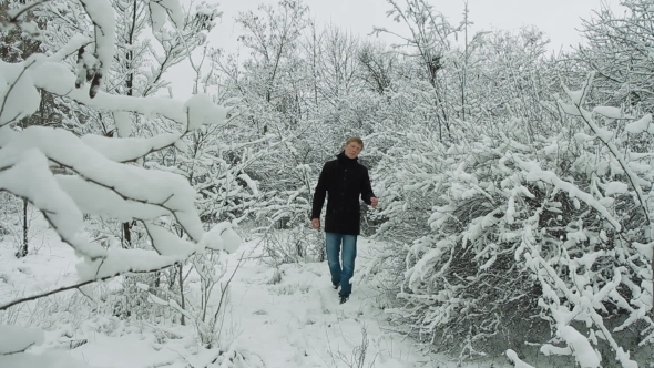 Young Man Walking In Winter Forest