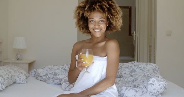 Happy African American Girl Drinking Juice