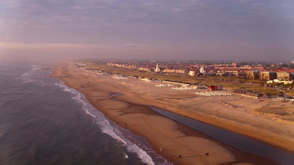 Amazing Sunset Aerial over Katwijk Aan Zee at Sunset, The Netherlands