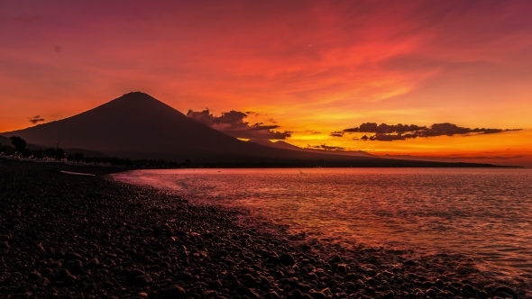 Sunset On The Ocean And The Volcano Gunung Agung