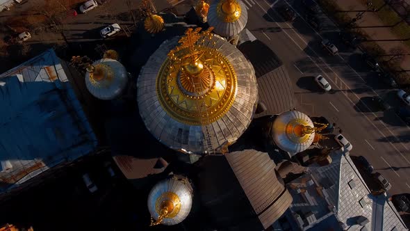 Aerial Footage of Golden Dome of Church of the Assumption of the Blessed Virgin Mary Blockade Temple