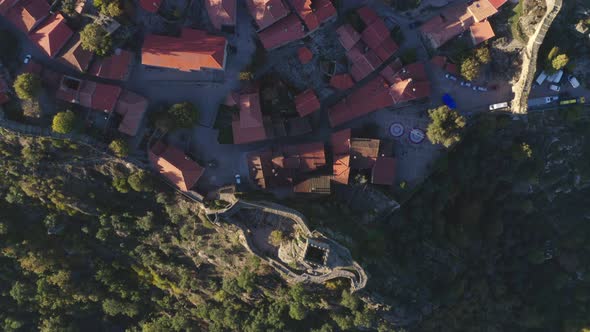 Drone aerial above top view of historic village of Sortelha with castle, in Portugal