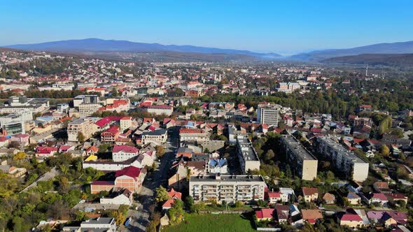 Aerial View of the Historic City Uzhgorod Located in Transcarpathia Old Buildings in the Panorama