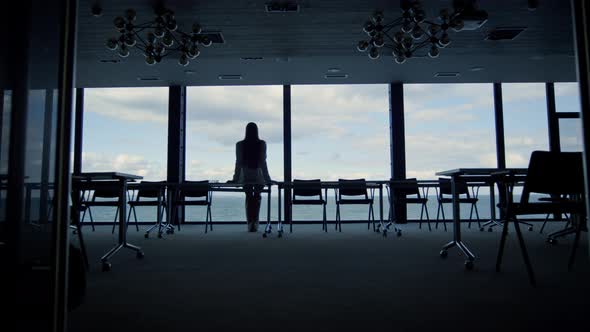 Worker Silhouette Resting Office at Sea Closeup