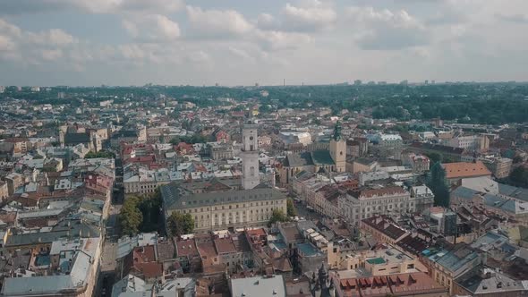 Aerial Drone Footage of European City Lviv, Ukraine, Flight Above Popular Ancient Part of Old Town