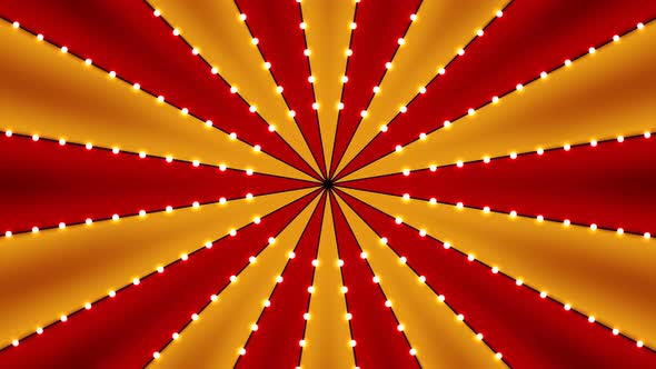 Circus carnival rotation looped red and gold stripes. Funfair top tent with light bulbs background