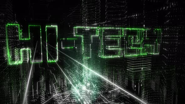 Shining symbols of Hi-Tech hologram and 3D letters appear hovering in digital alt