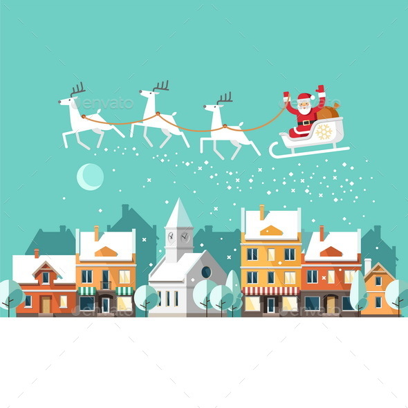 Santa on Sleigh and his Reindeers Winter Town