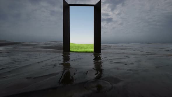 Opened Door on a Field During Rain Which Leads To a Warmer Season alt