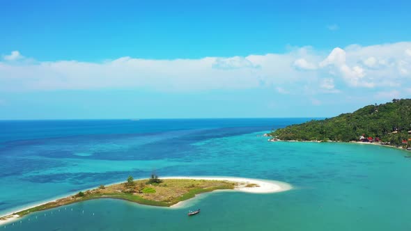 Aerial top down sky of tropical seashore beach adventure by turquoise water and white sand backgroun