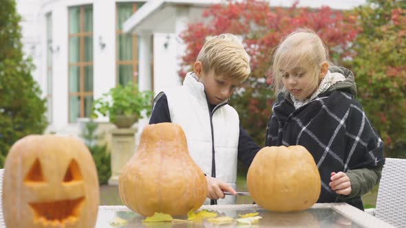 Boy Helps Girl to Carve Pumpkin Jack-O-Lantern, First Love, Little Gentleman