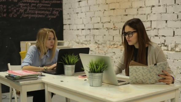 Two Smilling Businesswomen Working On Laptop