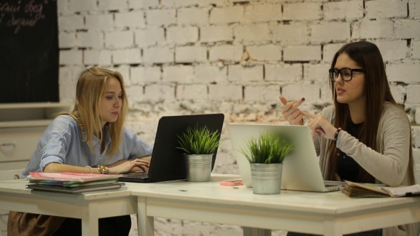 Two Smilling Businesswomen Working On Laptop 