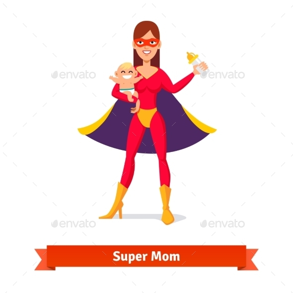 Super Mother Holding Son in Her Arms