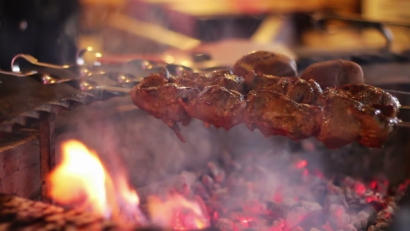 Kebab Prepared On The Grill In The Restaurant.