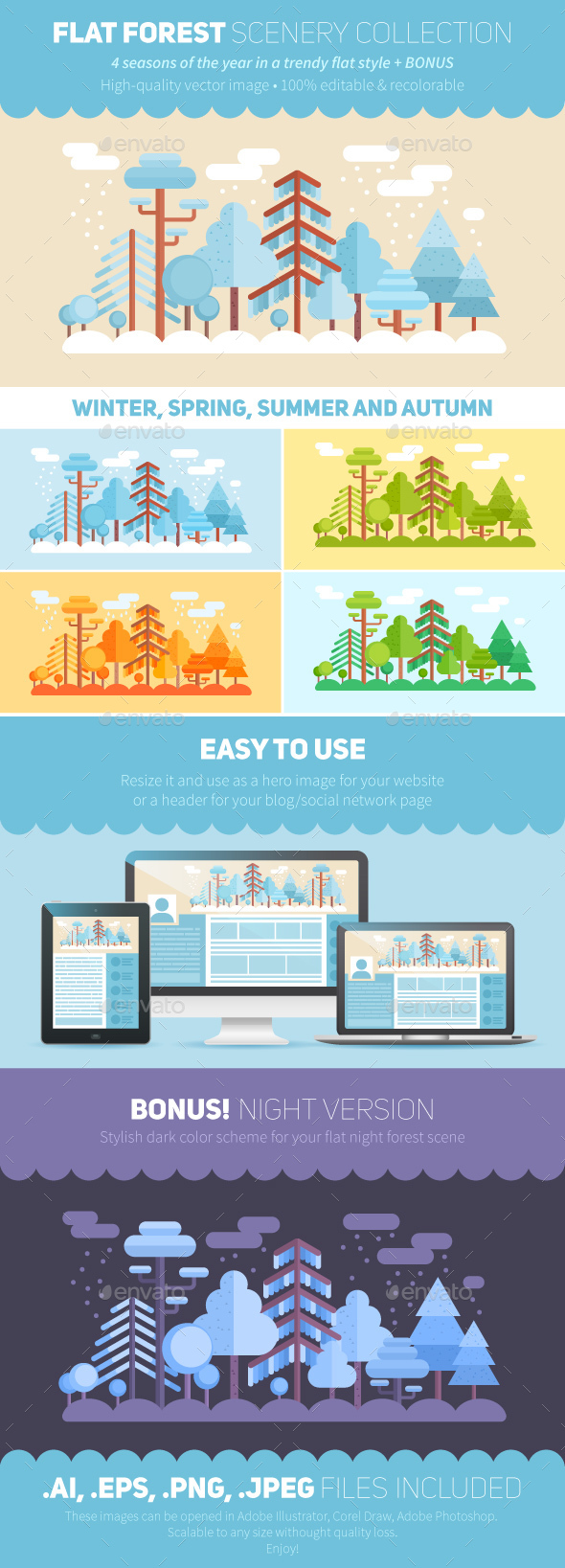 Flat Style Forest Scenery: 6 Color Schemes