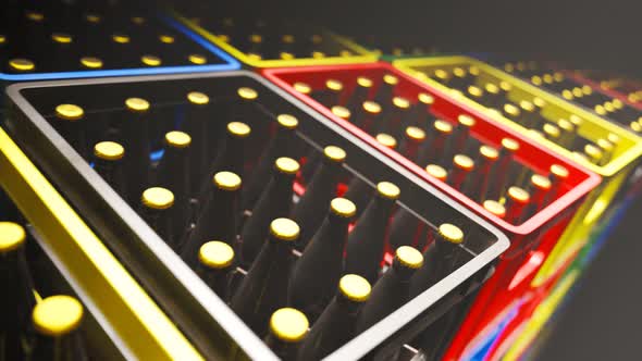 Loop of countless colorful beer crates stacked in a warehouse during night 4KHD