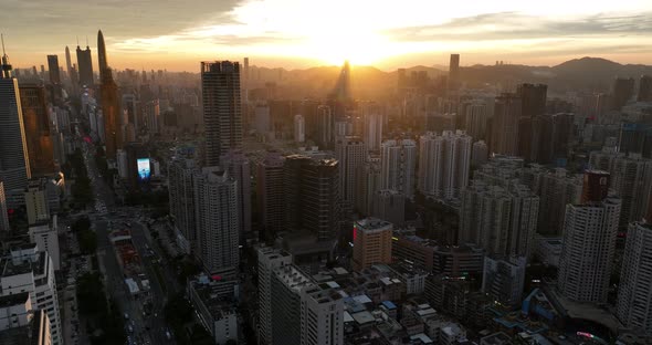 Aerial footage of landscape at sunset in shenzhen city, China