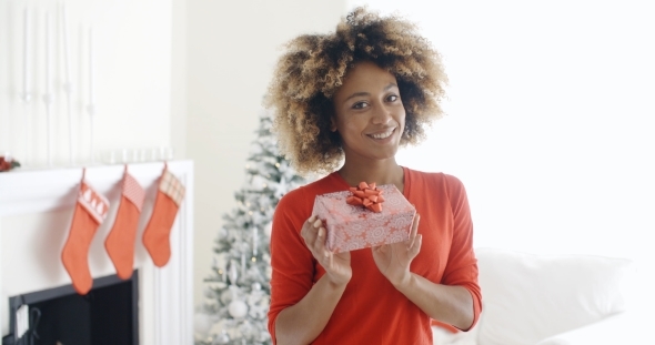 Smiling African Woman Holding a Christmas Gift