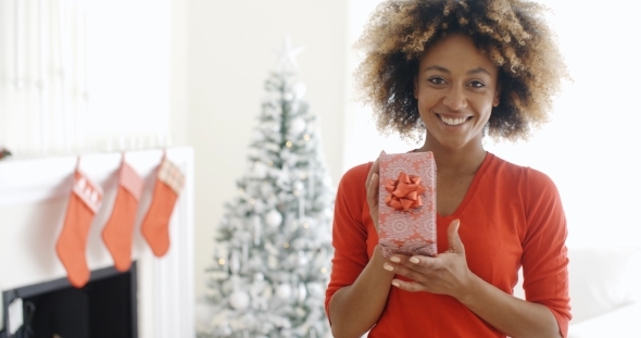 Smiling African Woman Holding a Christmas Gift