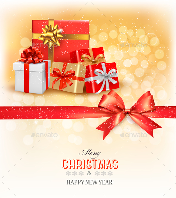 Merry Christmas Card With A Ribbon And Gift Boxes