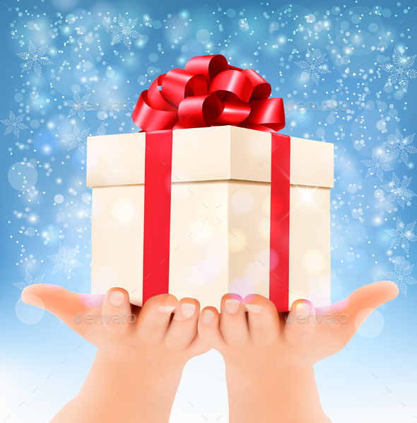 Holiday Background With Hands Holding Gift Box